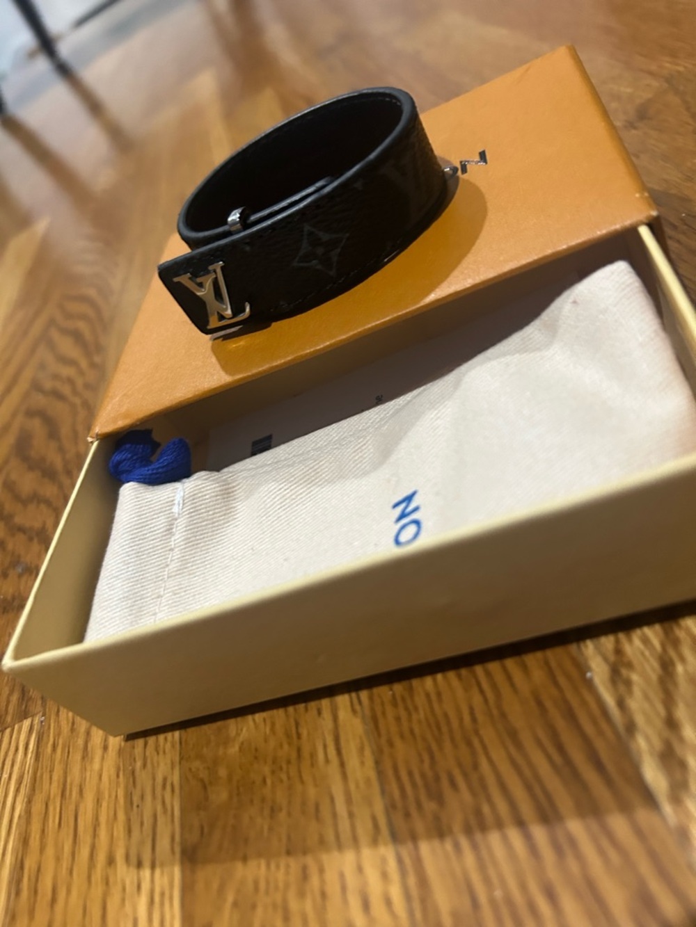 Louis Vuitton Black Leather Monogram Bracelet with Silver LV Charm